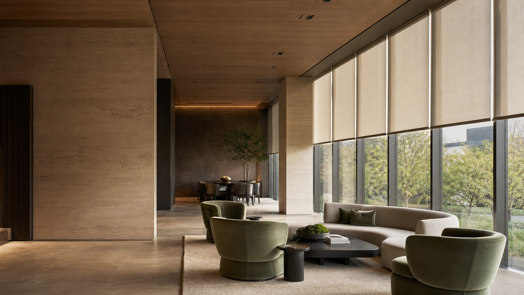 Contemporary interior with custom motorized roller shades